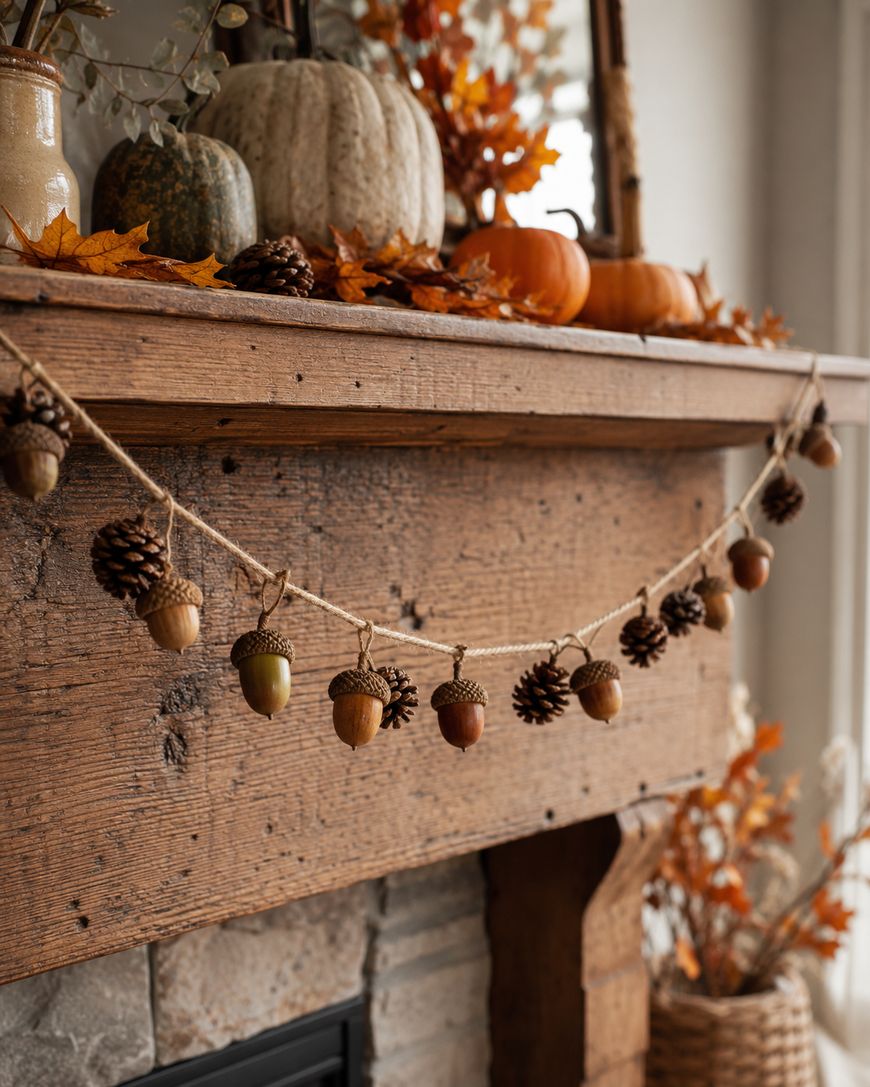 A rustic wooden mantel decorated with pumpkins, pinecones, autumn leaves, and a garland made of acorns and pinecones, creating a cozy fall atmosphere.