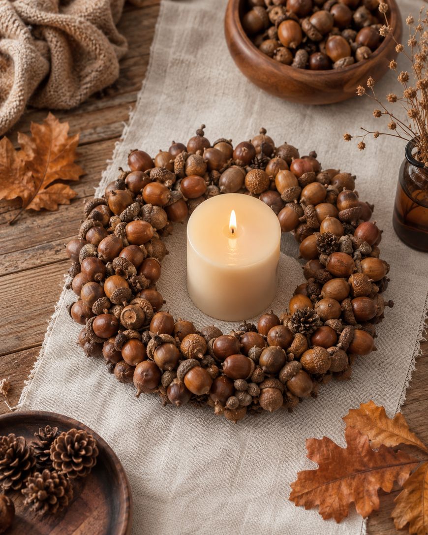 A lit white candle sits inside an acorn wreath on a beige table runner, with dried leaves, pinecones, and bowls of acorns arranged on a rustic wooden table.