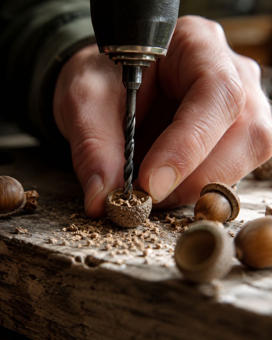 A close-up of a hand using a power drill to drill a hole in an acorn on a wooden surface, with more acorns and sawdust scattered around.