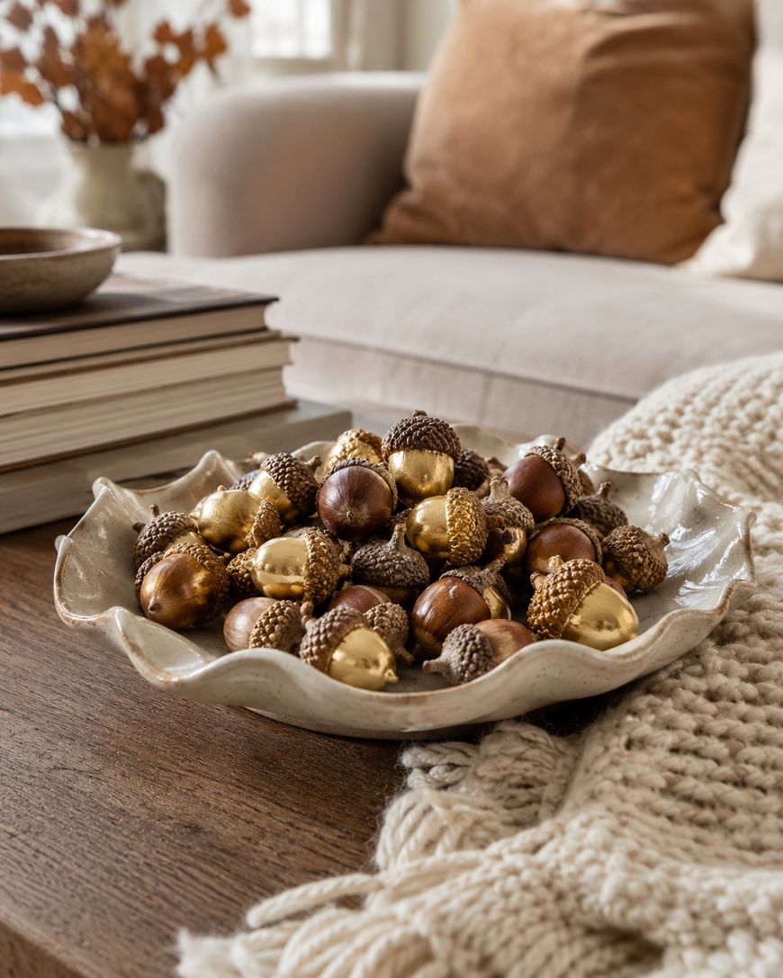 A ceramic bowl filled with decorative acorns, some painted gold, sits on a wooden coffee table next to a knit blanket and stacked books in a cozy living room setting.