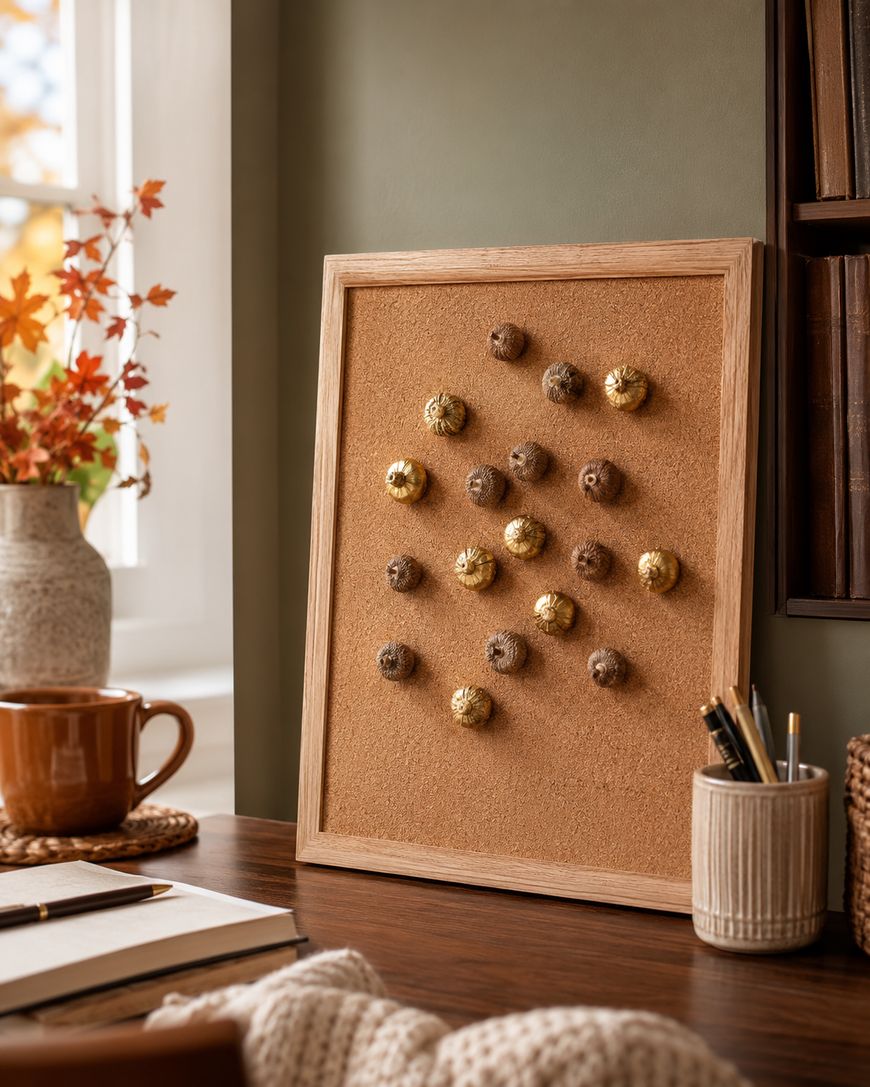 A corkboard with gold and brown acorn decorations stands on a wooden desk, surrounded by a coffee mug, a notebook, a vase with autumn leaves, and a pencil holder in a cozy, sunlit room.
