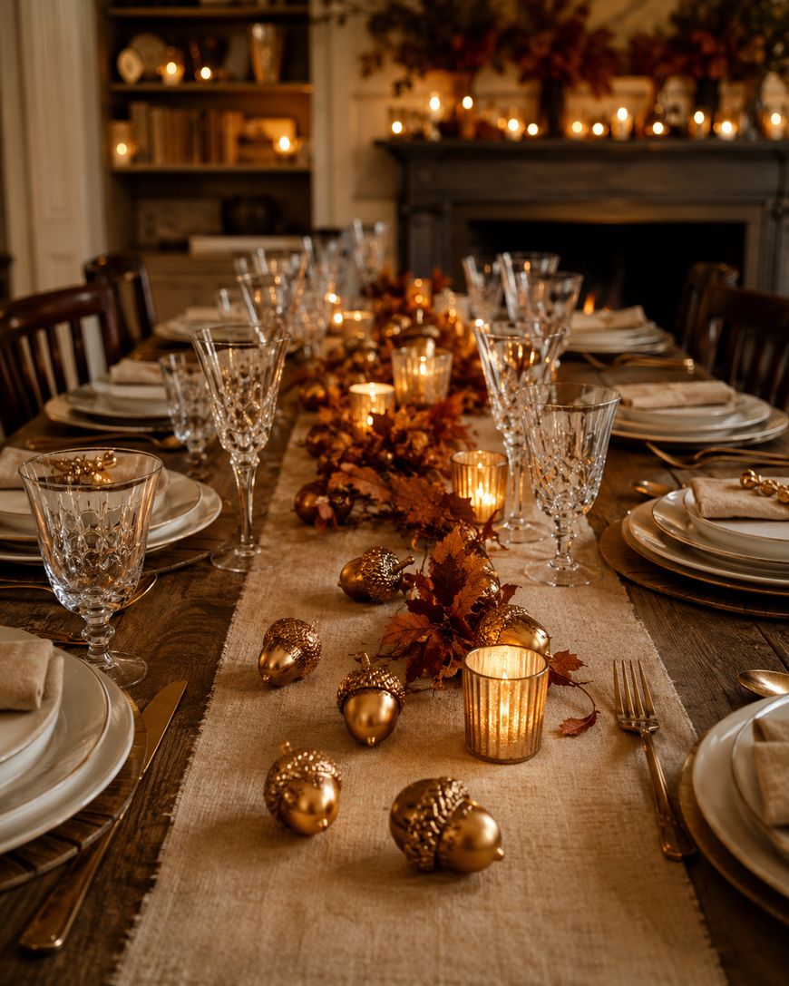A long dining table set for a festive meal, decorated with crystal glasses, plates, gold acorns, candles, and autumn leaves, with warm lighting and a cozy fireplace in the background.