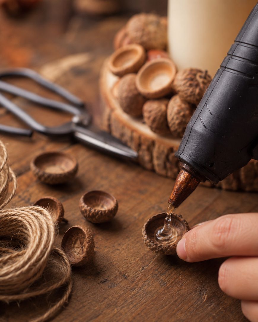 A hand uses a hot glue gun to add glue to an empty acorn cap. Twine, acorn caps, a pair of scissors, and wood slices are also visible on a rustic wooden surface.