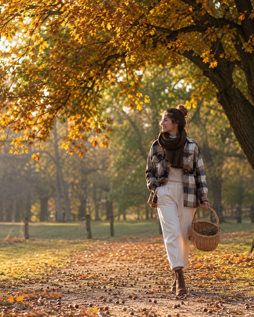 A woman in autumn clothes walks on a leaf-covered path, holding a basket. She is surrounded by trees with golden leaves and warm sunlight filters through the branches.