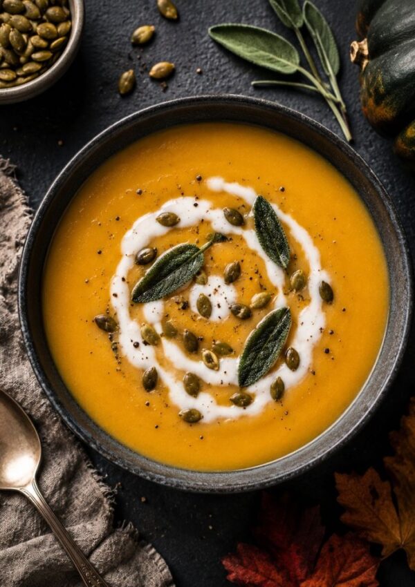 A bowl of creamy orange soup, made from a delicious acorn squash soup recipe, is garnished with a swirl of cream, pumpkin seeds, and sage leaves, with a spoon, cloth napkin, and autumn leaves beside it.