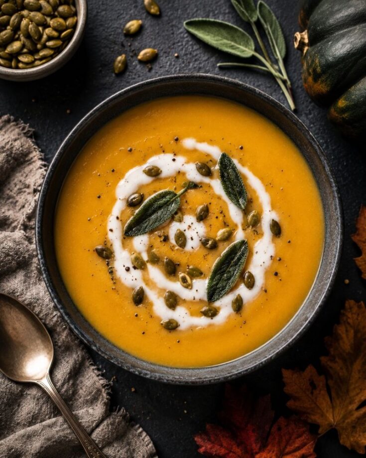A bowl of creamy orange soup, made from a delicious acorn squash soup recipe, is garnished with a swirl of cream, pumpkin seeds, and sage leaves, with a spoon, cloth napkin, and autumn leaves beside it.