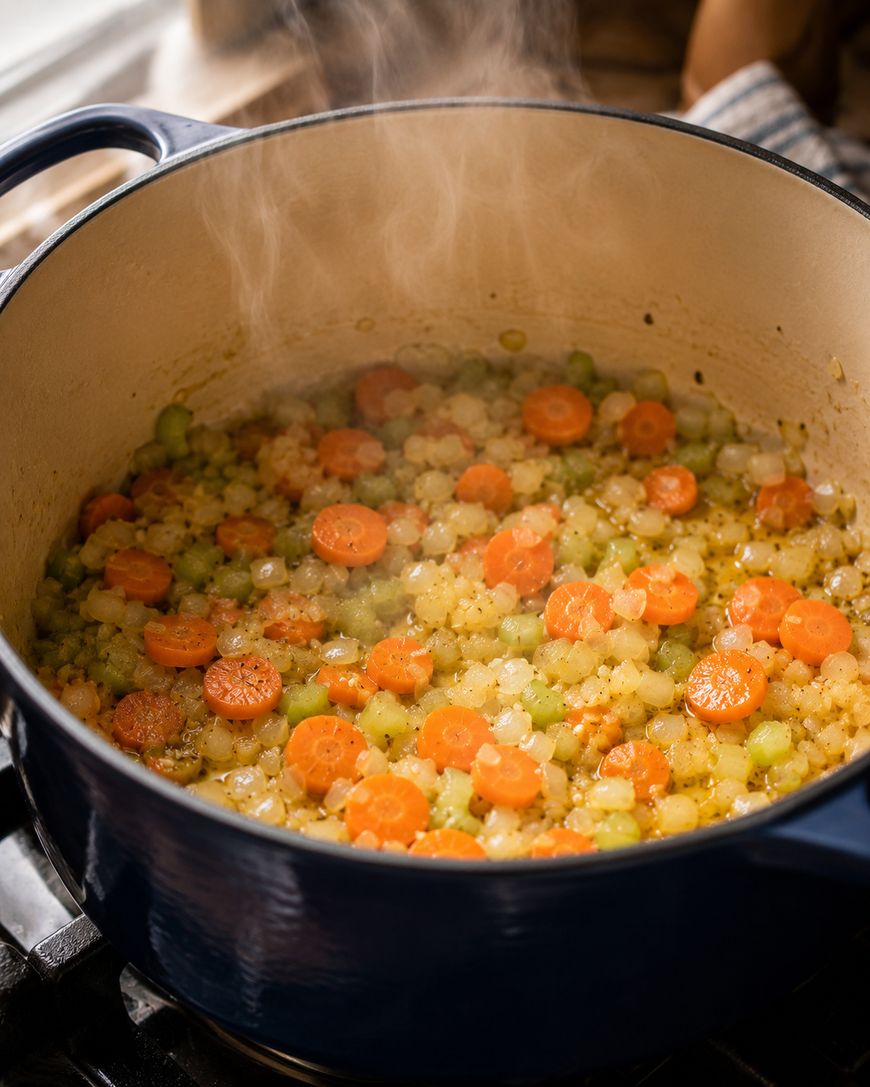 Steaming vegetables, including carrots, onions, and celery, are cooking in a large blue Dutch oven on a stovetop.