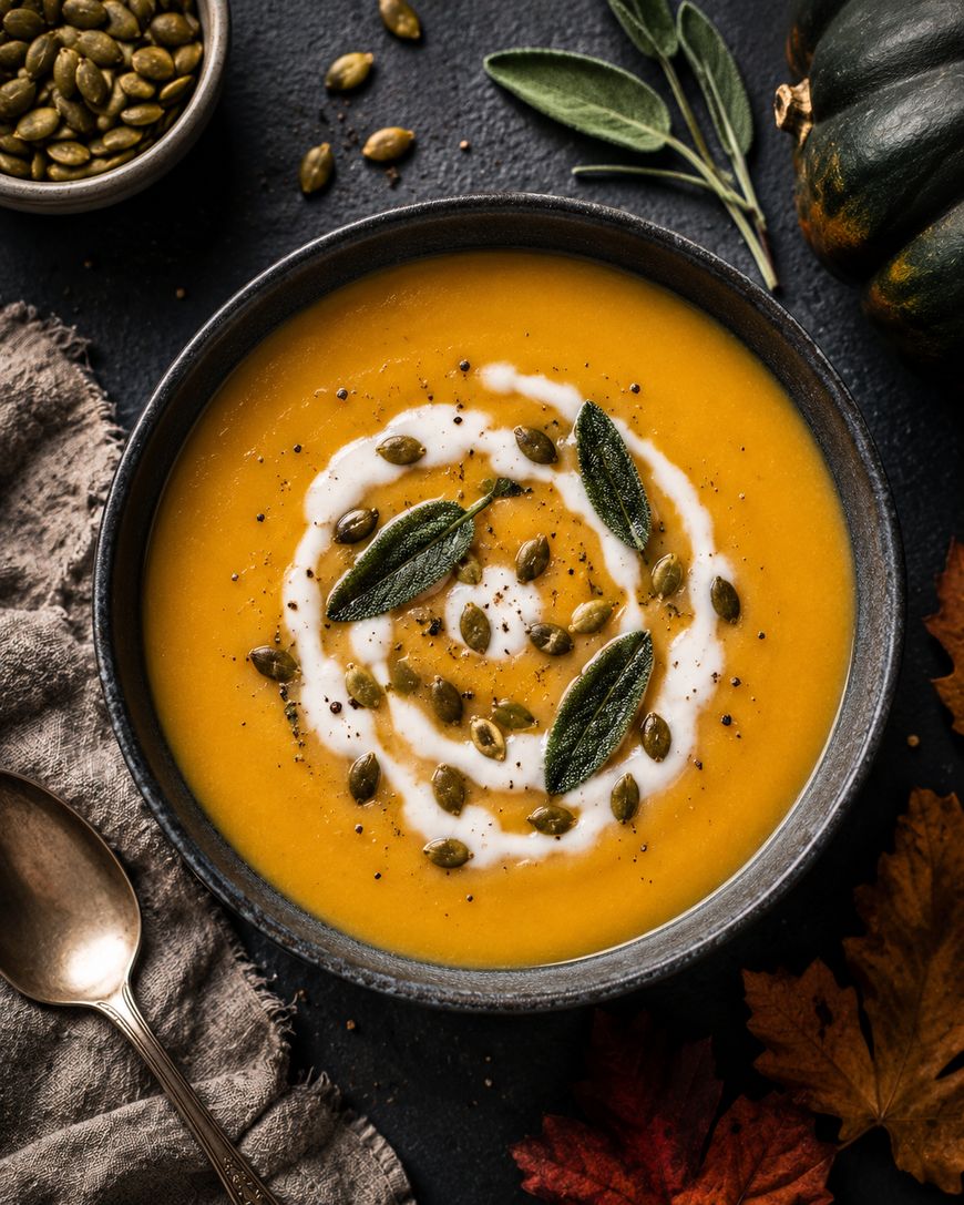 A bowl of creamy orange soup topped with a swirl of cream, pumpkin seeds, and sage leaves. A spoon, napkin, pumpkin seeds, and autumn leaves surround the bowl on a dark surface.