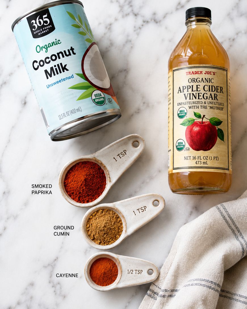 A can of coconut milk, a bottle of apple cider vinegar, three measuring spoons with smoked paprika, ground cumin, and cayenne on a marble surface next to a striped cloth.