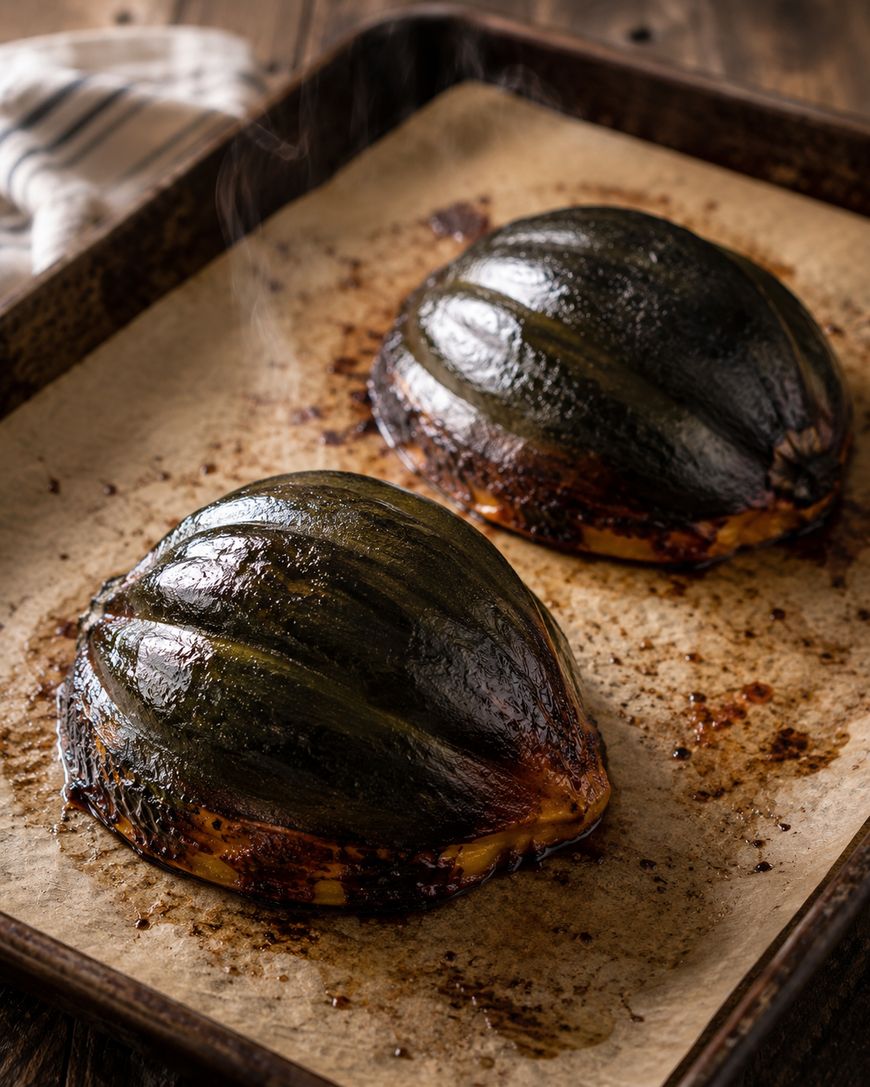 Two roasted squash halves with dark caramelized skin rest on a parchment-lined baking tray. Steam rises gently from the warm squash, creating a cozy and appetizing scene.