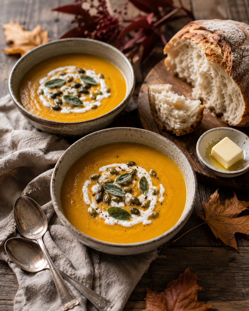 Two bowls of pumpkin soup topped with cream and seeds sit beside rustic bread, butter, and vintage spoons on a wooden table decorated with autumn leaves.