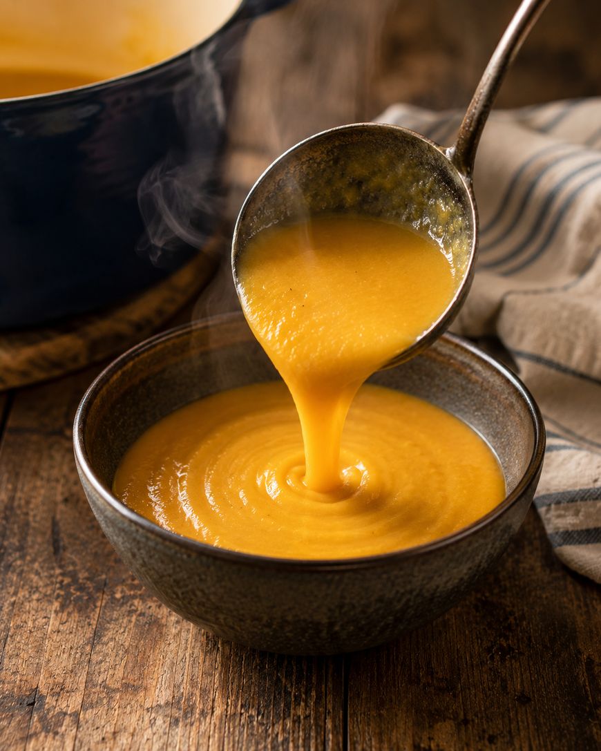 A ladle pours steaming orange soup into a rustic bowl on a wooden table, with a pot and striped cloth in the background.