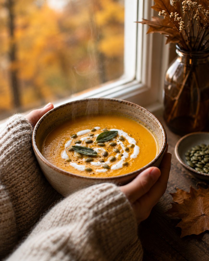 A person in a cozy sweater holds a bowl of creamy orange soup garnished with swirls of cream, seeds, and fresh herbs, near a window with autumn leaves and a vase of dried flowers in the background.