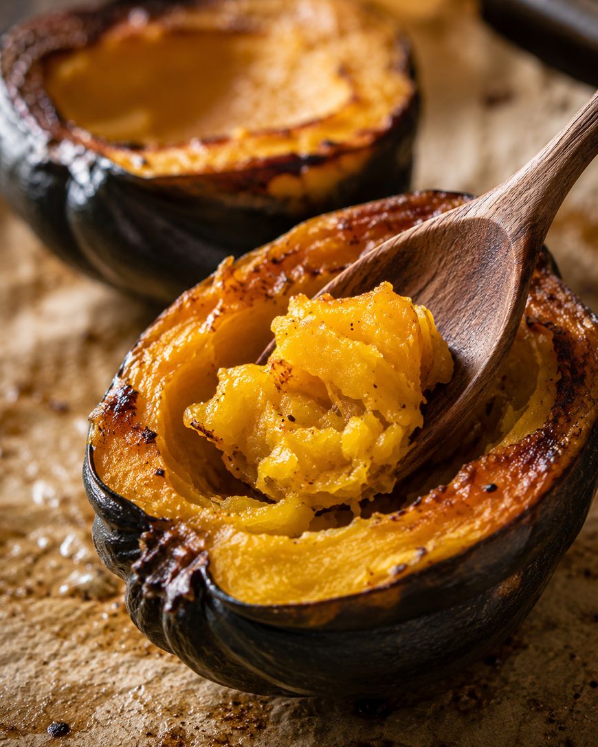 A close-up of roasted acorn squash halves on a baking sheet, with a wooden spoon scooping out the golden, cooked flesh from one half.