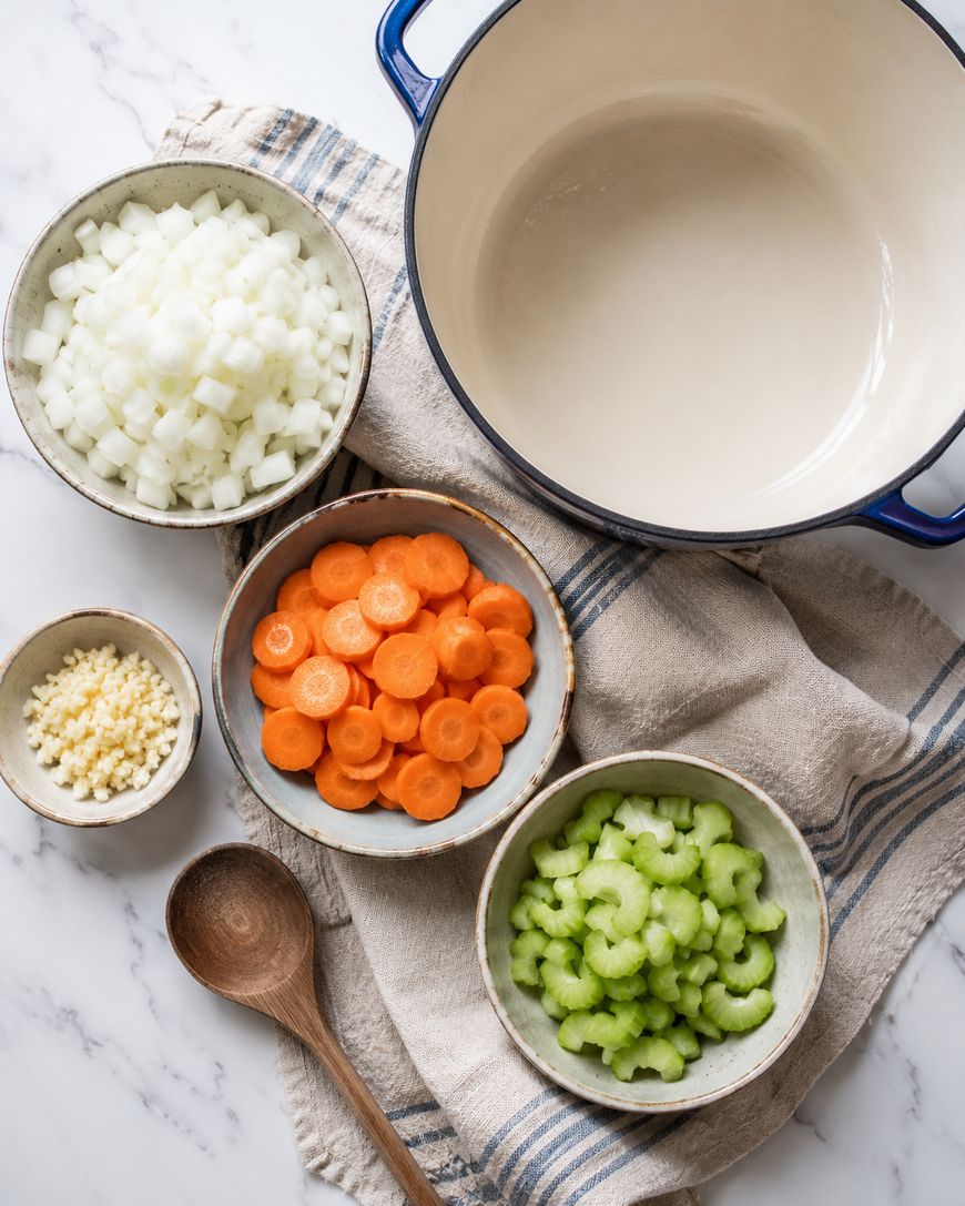 Overhead view of a pot surrounded by bowls of chopped onions, carrots, celery, and minced garlic on a striped towel, with a wooden spoon nearby on a marble surface.