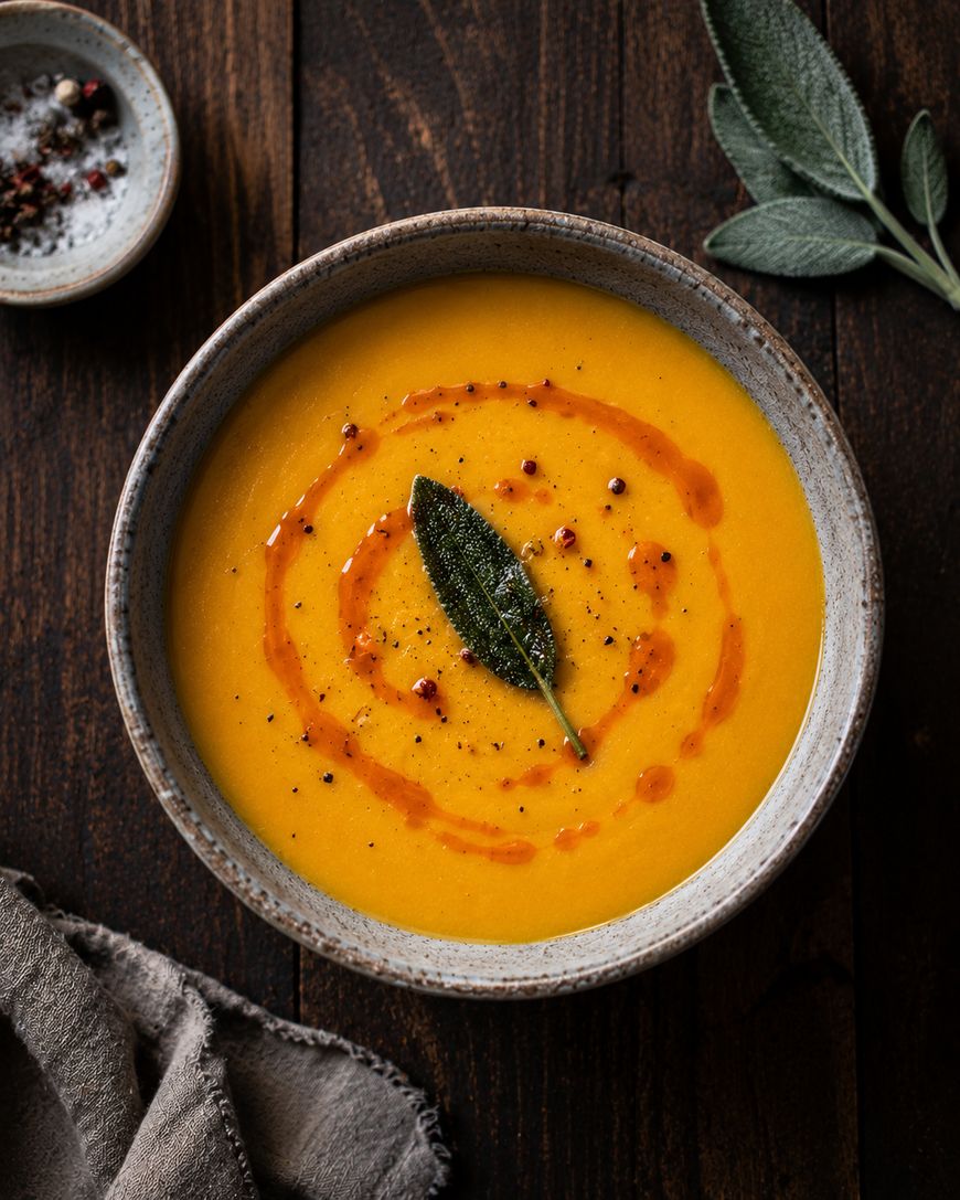 Bowl of creamy orange soup garnished with a fried sage leaf, red pepper oil, and ground pepper on a dark wood table, with a small dish of pepper and a sage sprig nearby.