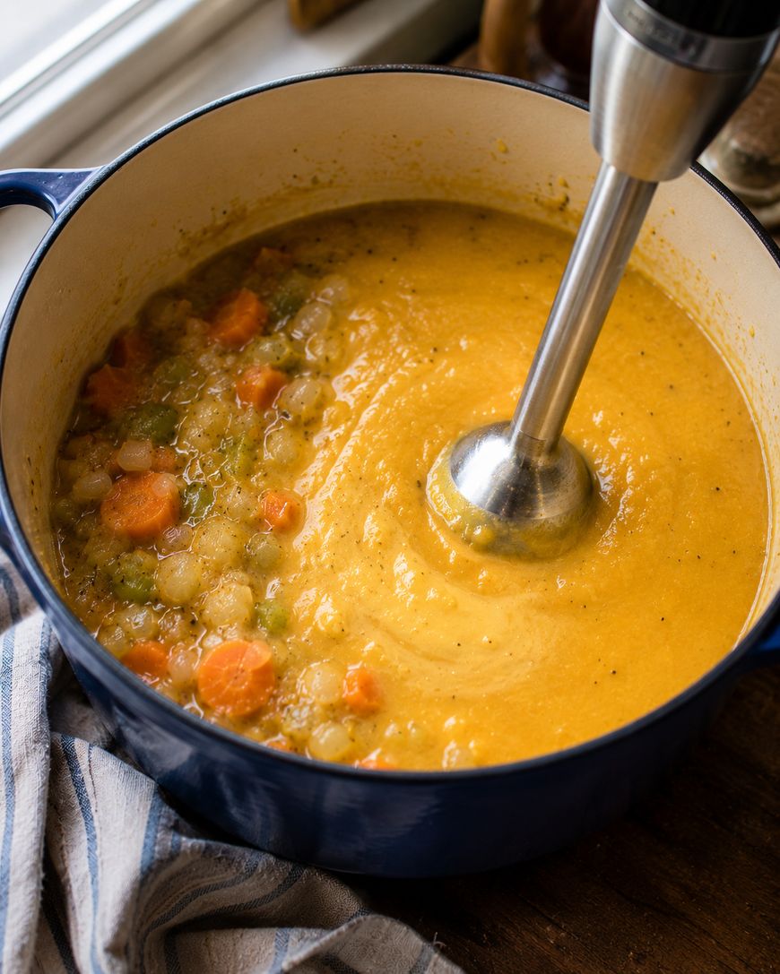 A blue pot with chunky vegetable soup is being blended with an immersion blender, turning the mixture smooth. A striped towel sits nearby on a wooden surface.