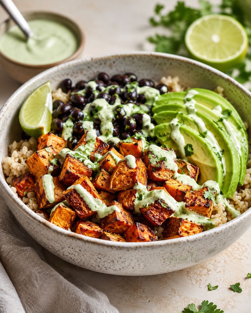A bowl with quinoa, roasted sweet potatoes, black beans, sliced avocado, a lime wedge, and green sauce drizzled on top. There's a small bowl of extra sauce and cilantro in the background.