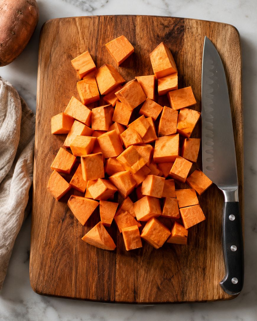 Cubed sweet potatoes on a wooden cutting board with a large knife beside them. A beige cloth is to the left and part of a whole sweet potato is in the upper left corner.