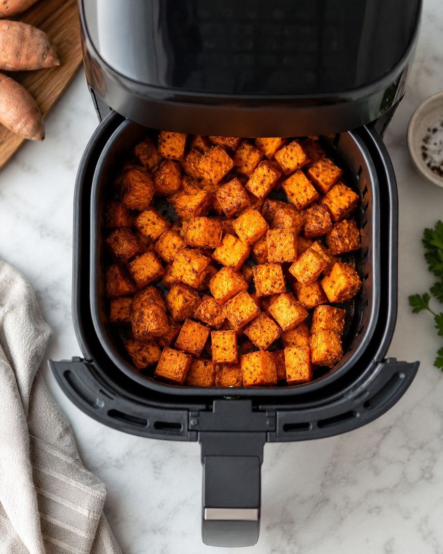 Cubed sweet potatoes seasoned and cooked in an air fryer basket, viewed from above. A cutting board with whole sweet potatoes and a dish of pepper are nearby on the marble countertop.