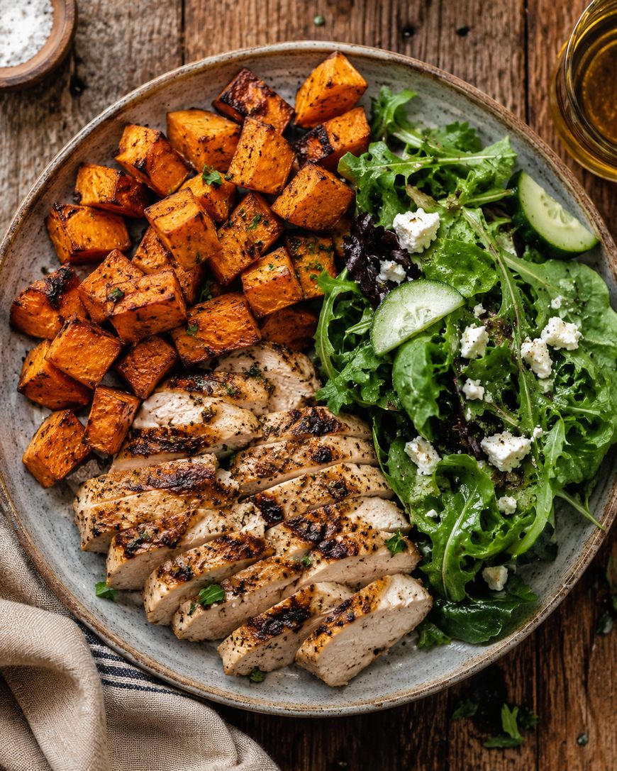 A plate with sliced grilled chicken, roasted sweet potato cubes, and a leafy green salad topped with cucumber slices and feta cheese, on a wooden table.