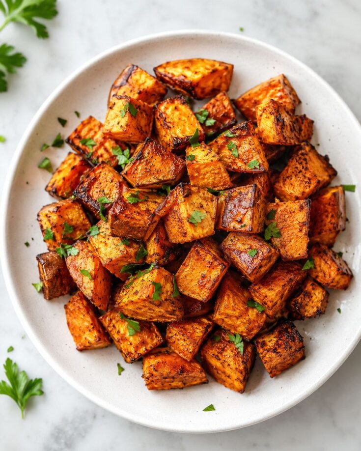A white plate filled with roasted sweet potato cubes, garnished with chopped parsley, sits on a marble surface. Some parsley leaves are scattered nearby.