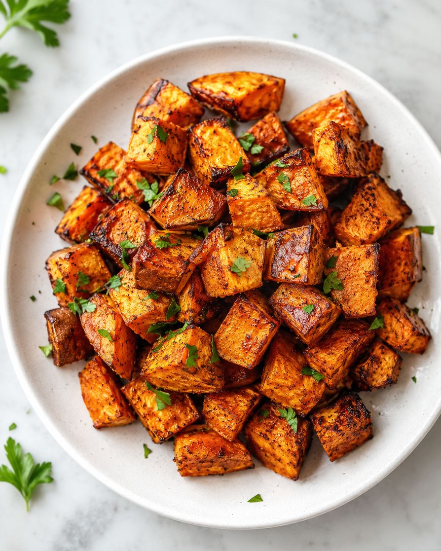 A white plate filled with roasted sweet potato cubes, garnished with chopped parsley, sits on a marble surface. Some parsley leaves are scattered nearby.