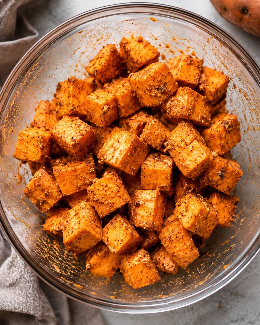 Cubed sweet potatoes in a glass bowl, coated with orange spices and seasoning, ready for cooking. A beige cloth is partially visible on the side.