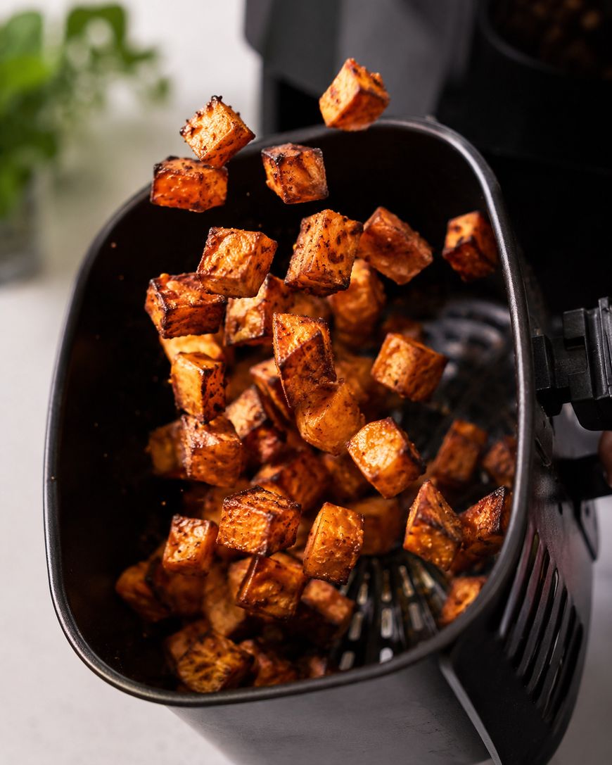 Golden brown sweet potato cubes being tossed inside an air fryer basket, with herbs blurred in the background. The cubes look crispy and freshly cooked.