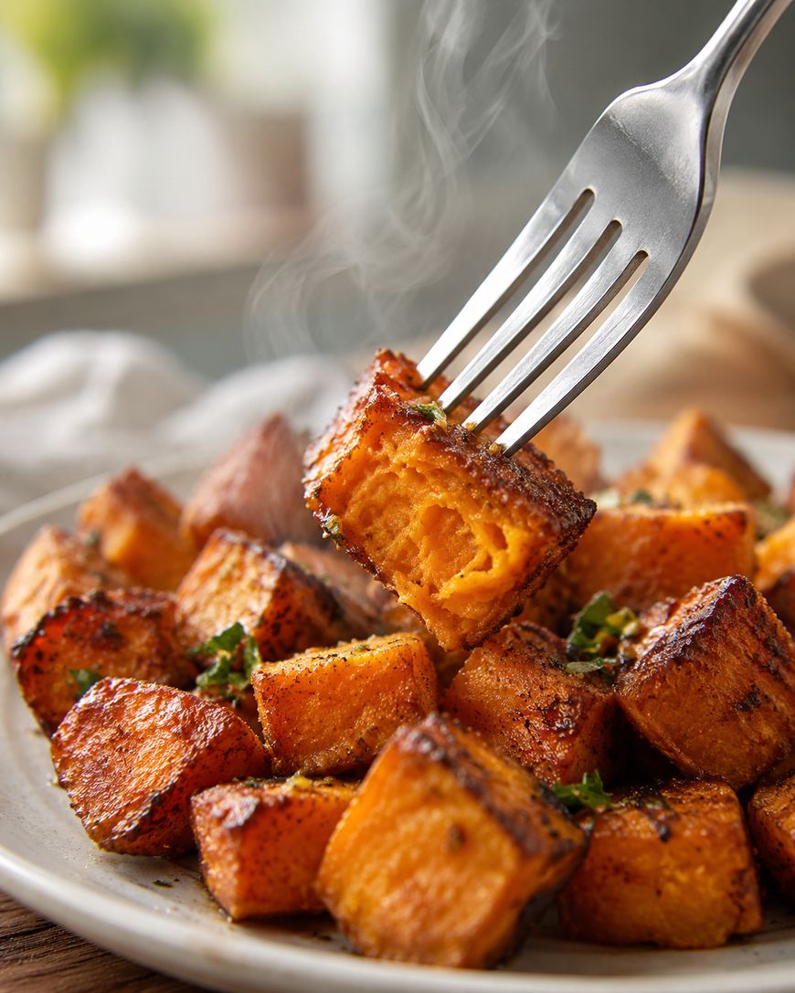 A fork holds a steaming, roasted sweet potato cube above a plate filled with more browned, seasoned sweet potato pieces, garnished with herbs.