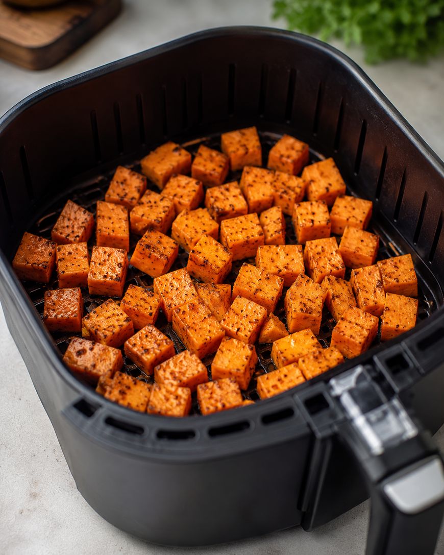 Cubed sweet potatoes seasoned with herbs and spices are arranged in a single layer inside an air fryer basket, ready for cooking.