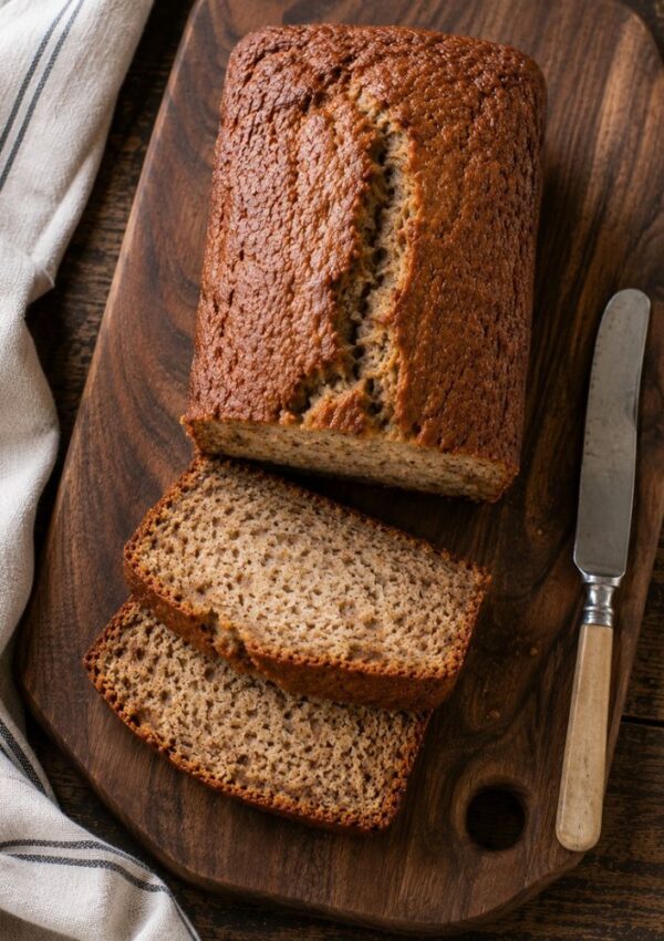 A loaf of banana bread, made from a classic banana bread recipe, sits with a crack on top on a wooden cutting board. Two slices are cut and placed in front, with a butter knife nearby. A striped towel rests to the side.