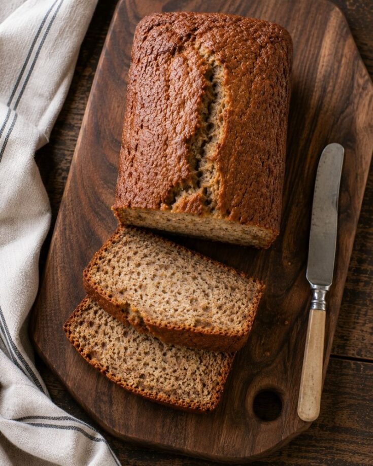 A loaf of banana bread, made from a classic banana bread recipe, sits with a crack on top on a wooden cutting board. Two slices are cut and placed in front, with a butter knife nearby. A striped towel rests to the side.