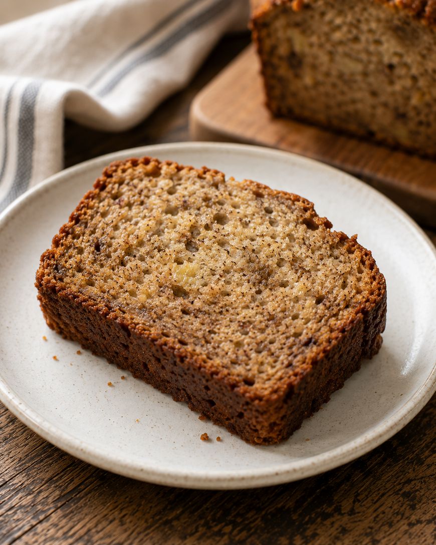 A slice of banana bread with a golden-brown crust sits on a white plate, with a loaf and a striped cloth in the background on a wooden table.
