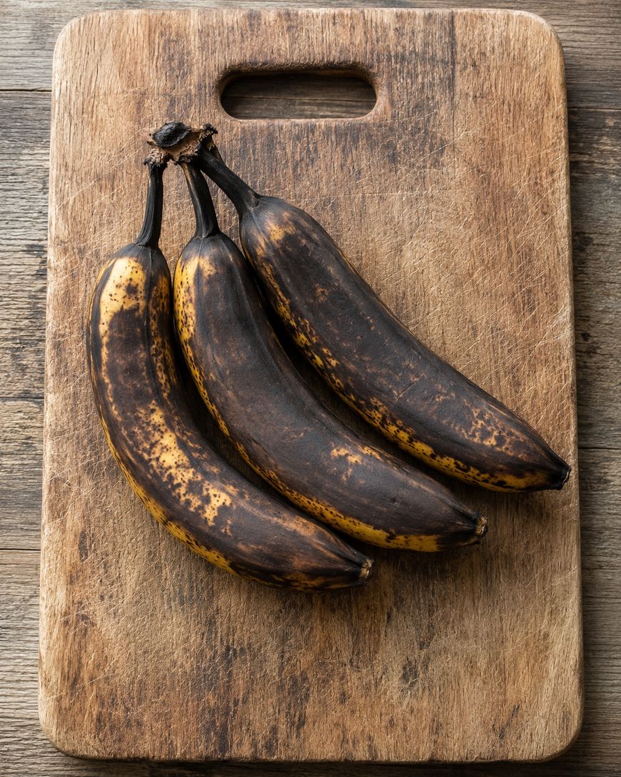 Three overripe bananas with blackened skins are placed on a worn wooden cutting board, on a rustic wooden surface.