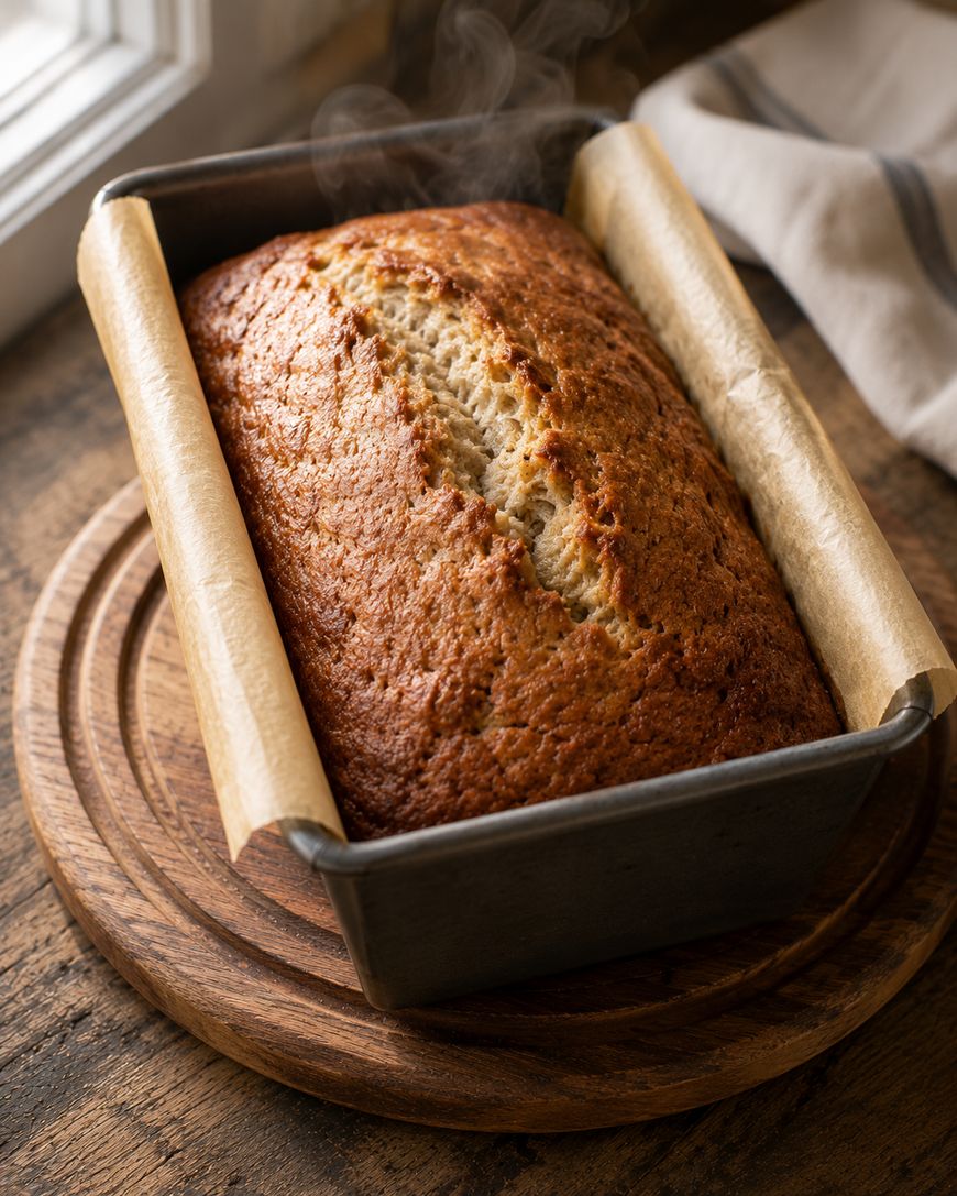 A freshly baked loaf of banana bread sits in a parchment-lined metal pan on a wooden cutting board, with steam rising, near a window and a striped kitchen towel.