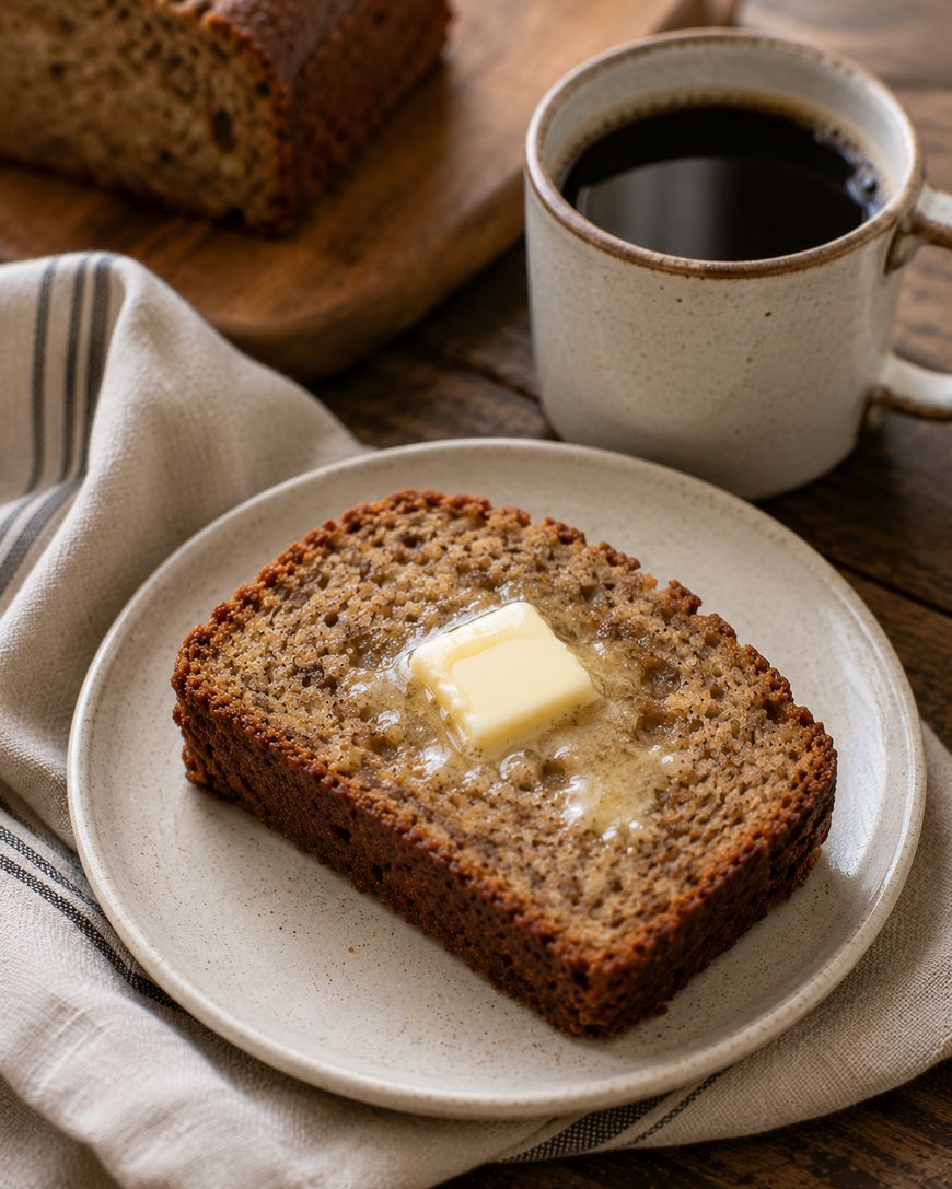 A slice of banana bread with melting butter sits on a plate next to a cup of black coffee and a striped napkin, with more bread on a wooden board in the background.