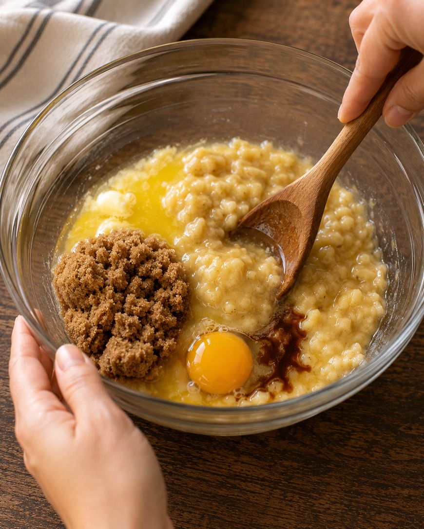 A person mixes mashed bananas, brown sugar, an egg, vanilla extract, and melted butter in a glass bowl with a wooden spoon on a wooden table.