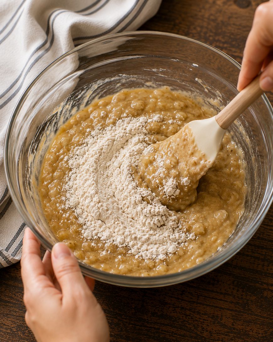 Hands mixing flour into banana bread batter with a spatula in a glass bowl on a wooden surface. A striped kitchen towel is partially visible in the background.
