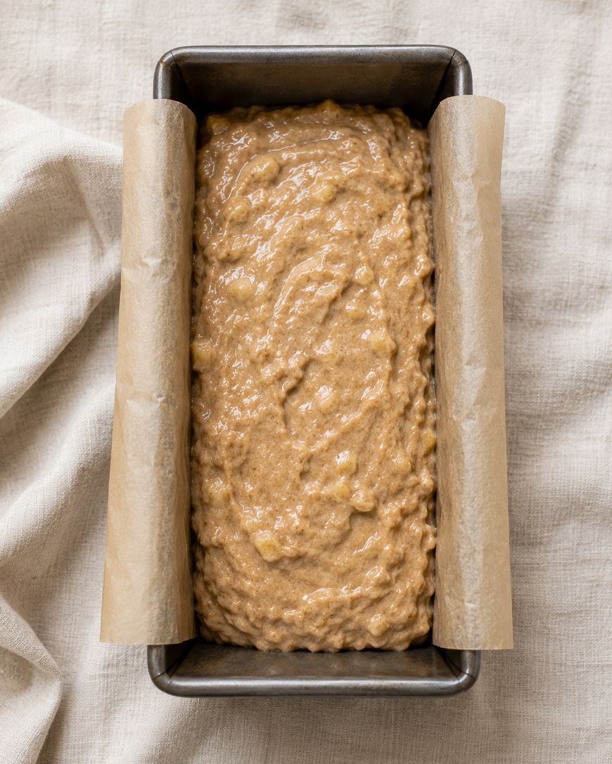 A loaf pan lined with parchment paper filled with unbaked banana bread batter sits on a light-colored cloth.