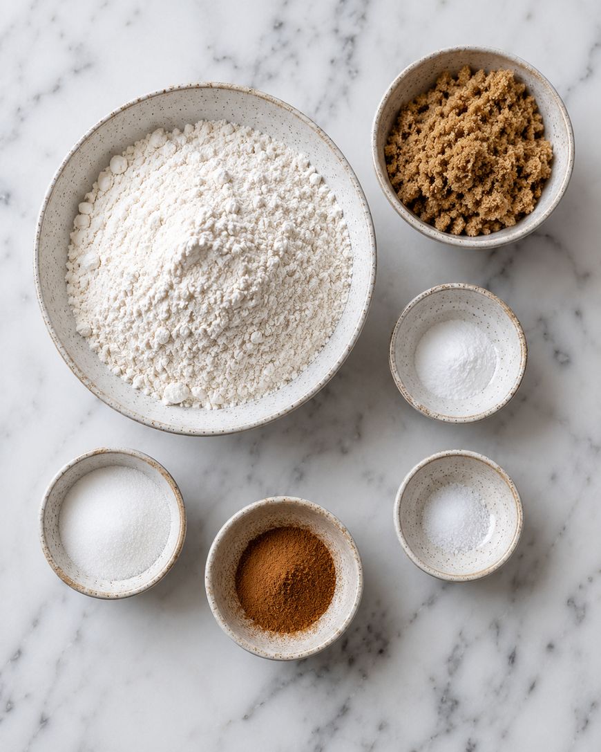 Six small bowls on a marble surface contain flour, brown sugar, granulated sugar, cinnamon, baking soda, and salt, arranged neatly in a circular pattern.