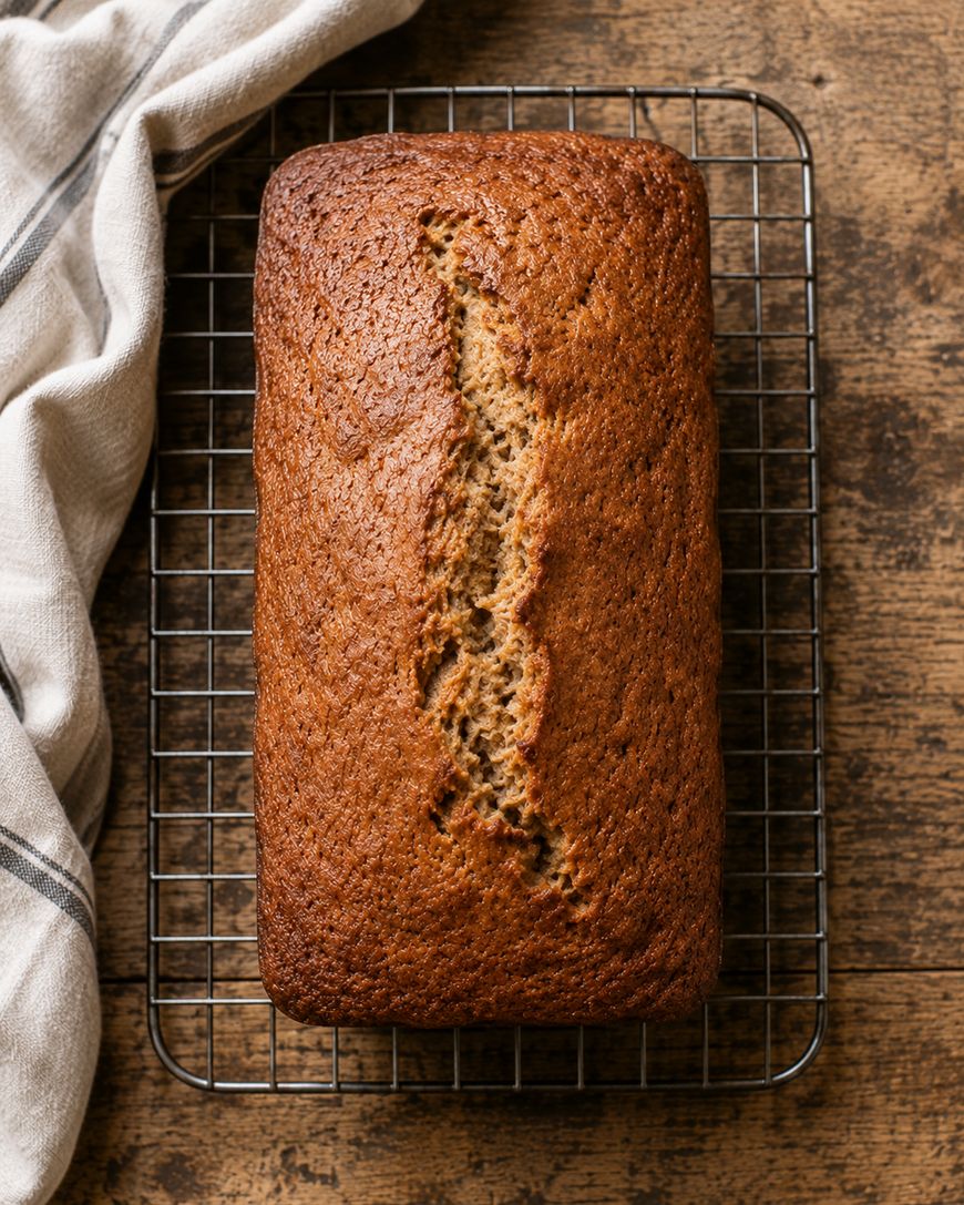 A golden-brown loaf of banana bread sits on a cooling rack atop a rustic wooden table, with a beige kitchen towel to the side.
