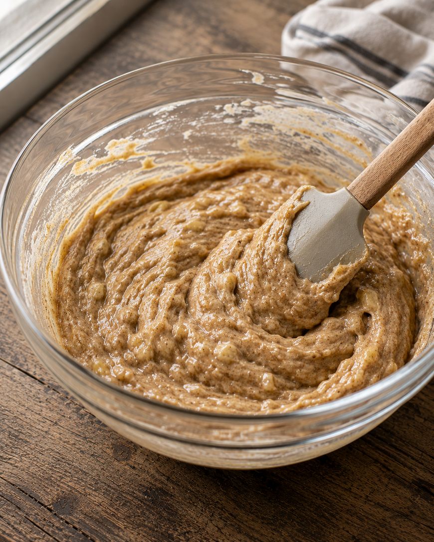 A glass mixing bowl filled with thick banana bread batter sits on a wooden table, with a spatula resting in the bowl and a striped towel nearby.