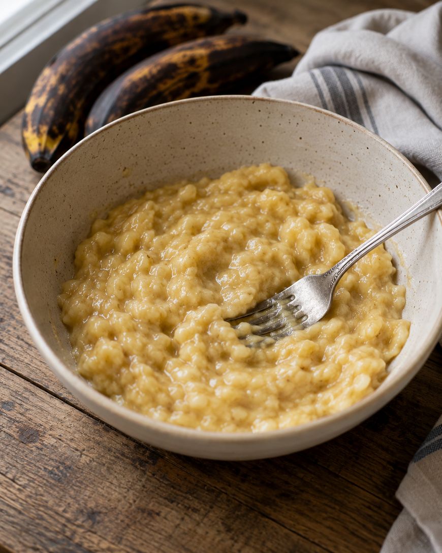 A bowl of mashed bananas with a fork rests on a wooden table. Ripe bananas and a striped cloth are in the background.