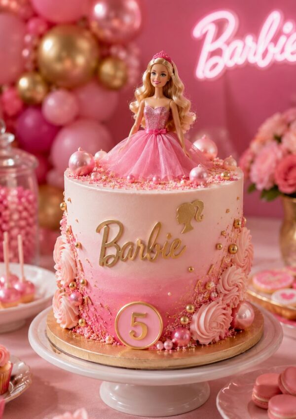 A pink Barbie-themed birthday cake with a Barbie doll on top, gold accents, and the number 5. Surrounded by pink balloons, flowers, candy jars, and cookies. There is a Barbie neon sign in the background.