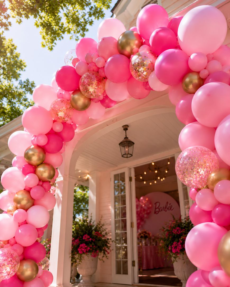 A large pink, gold, and glitter balloon arch decorates the entrance to a party venue with Barbie spelled out inside. Potted flowers flank the doorway, and string lights hang from the ceiling.