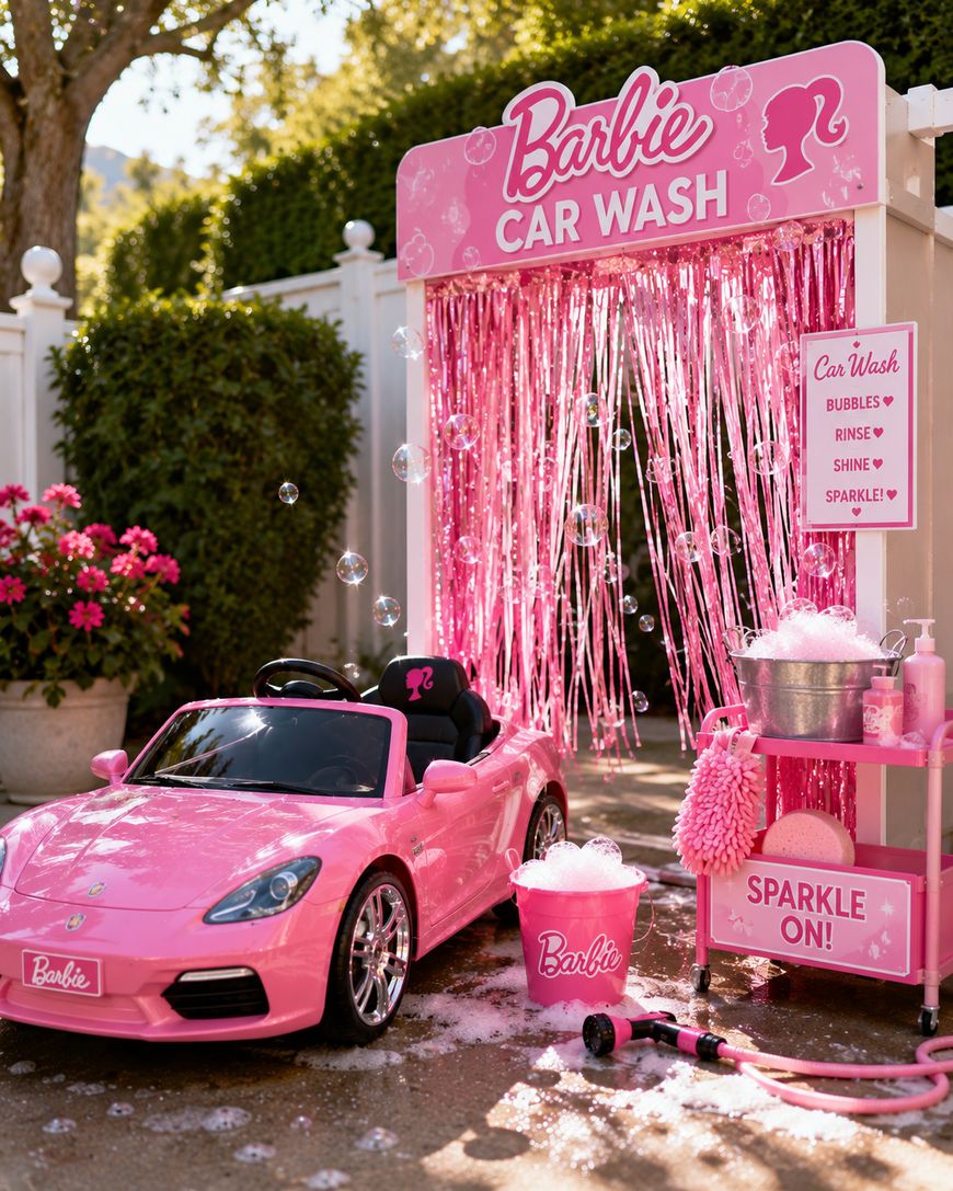 A pink Barbie car wash setup with a toy car, sparkly pink fringe, bubbles, and signs reading Barbie Car Wash and SPARKLE ON! Flowers and greenery are in the background.