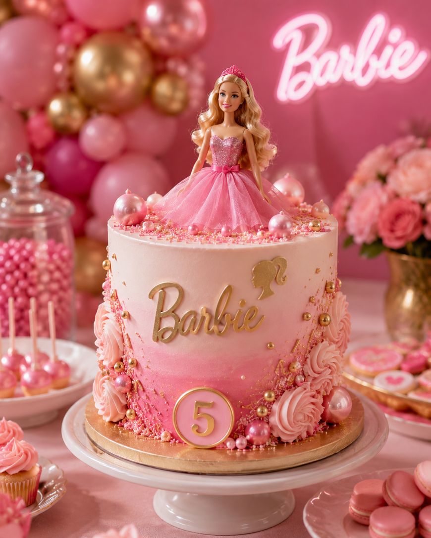 Barbie-themed pink cake with a Barbie doll topper, gold Barbie lettering, number 5, pink and gold decorations, balloons, candy jars, and flowers in the background.
