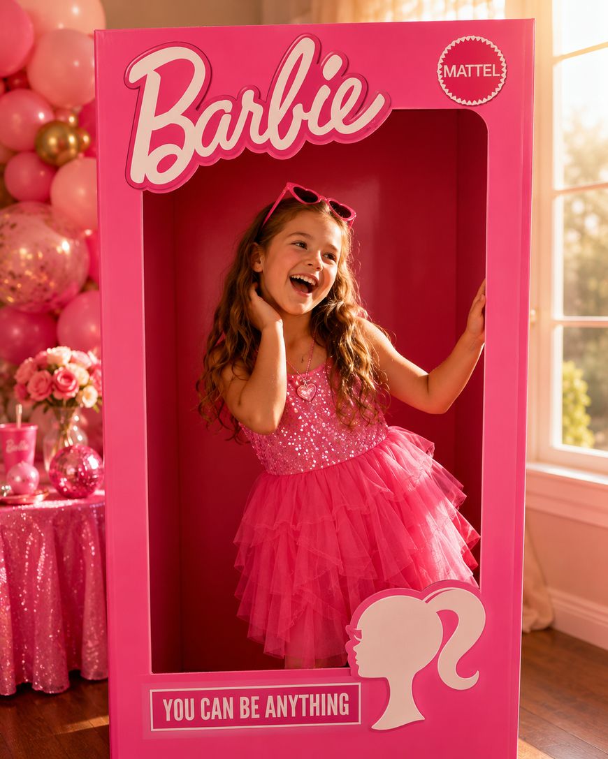 A young girl in a pink dress poses inside a large Barbie doll box at a party, smiling with one hand on her face. Pink balloons and decorations are in the background.