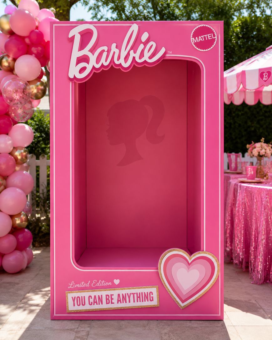 A life-sized, empty Barbie doll box display with pink decor, heart shapes, and the words You Can Be Anything. Balloons and a decorated table are visible in the background at an outdoor event.